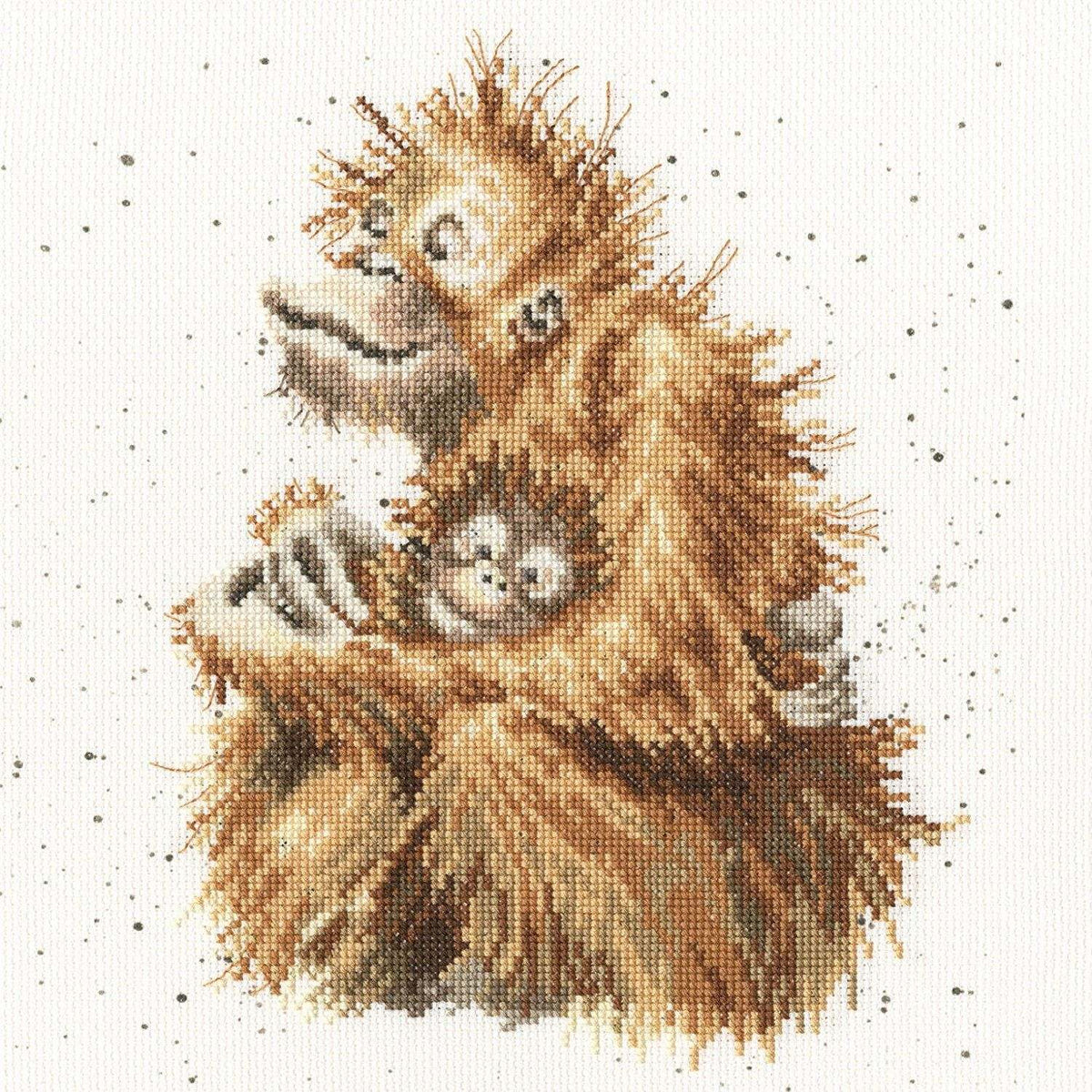 Mother and baby orangutan cuddling cross stitch kit design by Bothy Threads