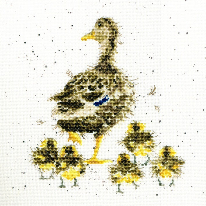 Lovely Mum Cross Stitch Kit featuring mother duck and ducklings on speckled Aida fabric by Bothy Threads