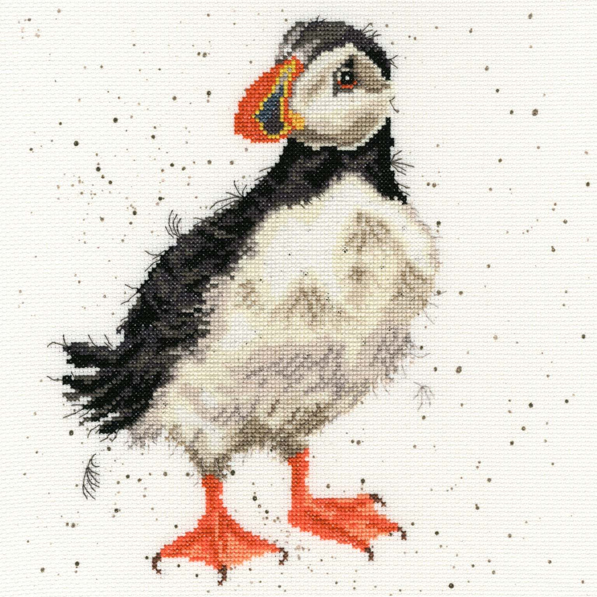 Little Clown Cross Stitch Kit puffin design on speckled 14 count Aida fabric by Bothy Threads