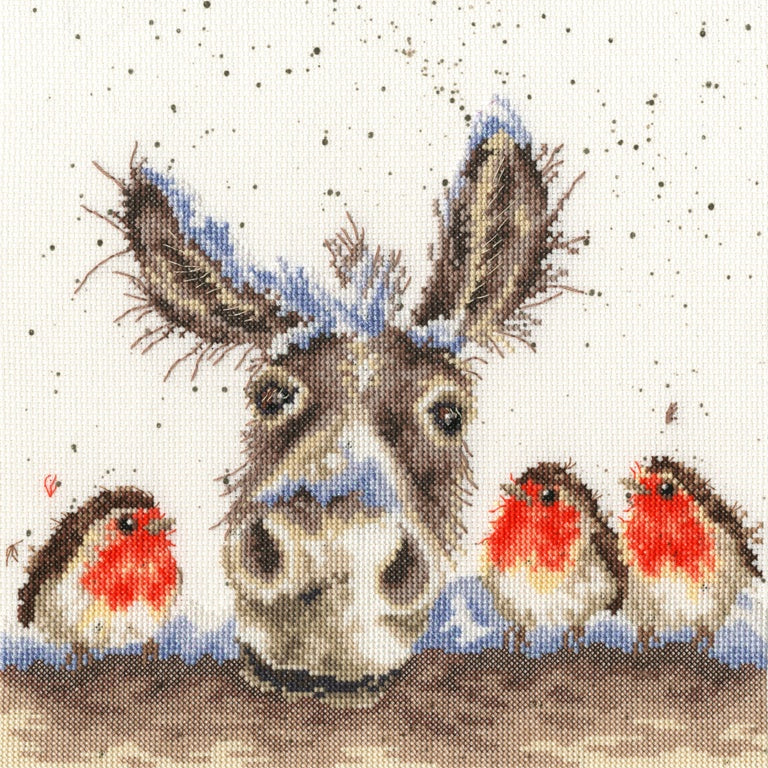 Christmas Donkey Cross Stitch Kit featuring a donkey and robins in snow by Bothy Threads