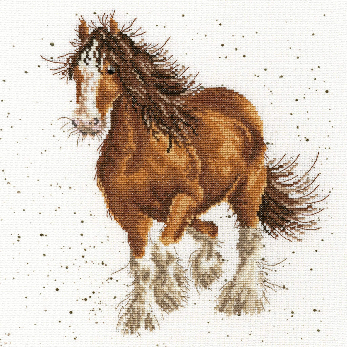 Cross stitch kit of a running shire horse with detailed brown and white feathers pattern on speckled background