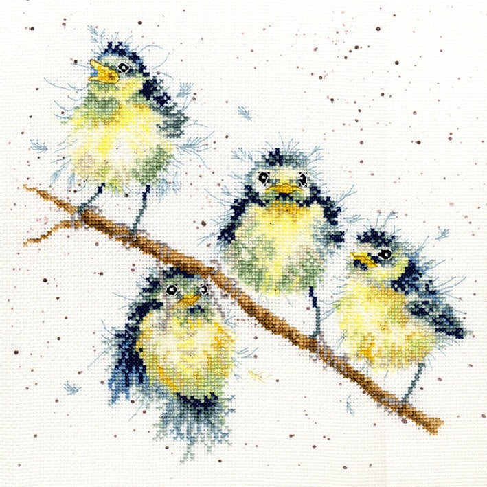 Sweet Tweet Cross Stitch Kit featuring four blue tits on a branch by Bothy Threads