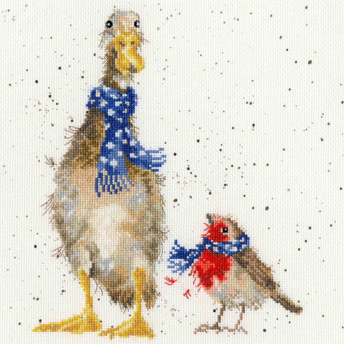Christmas-themed cross stitch kit featuring a duck and robin wearing scarves on speckled fabric background