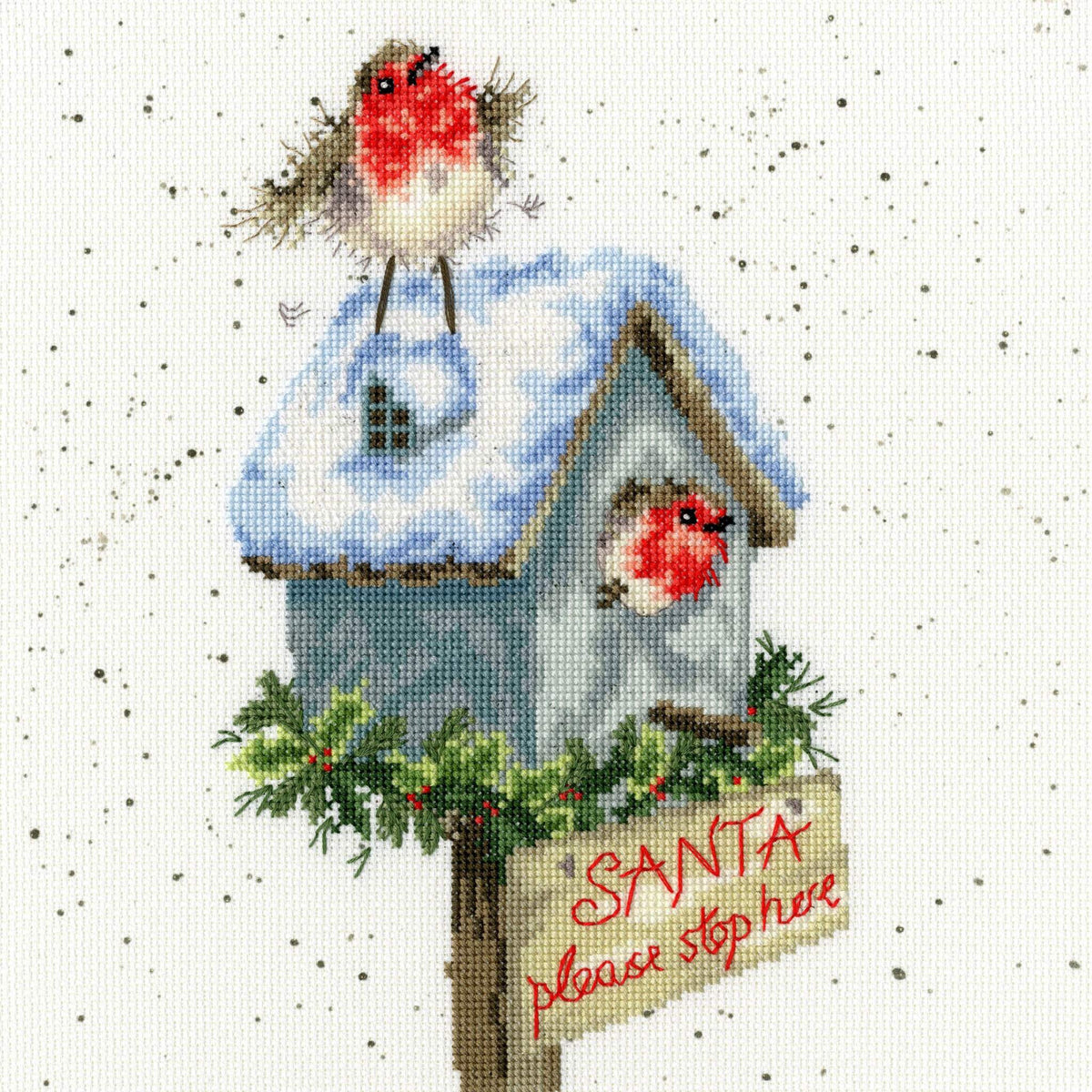 Santa Please Stop Here cross stitch kit featuring robins, snowy birdhouse, and festive greenery design