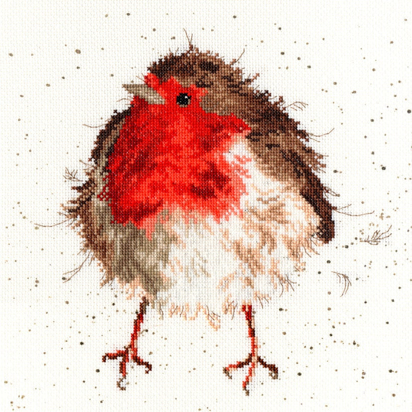 Jolly Robin cross stitch design featuring a vibrant red-breasted bird on speckled fabric from Bothy Threads kit