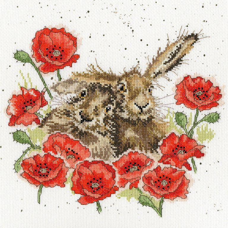 Love is in the Hare counted cross stitch kit with two hares and red poppies on printed speckled Aida fabric