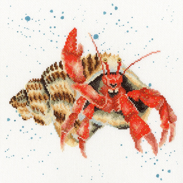 Detailed hermit crab cross stitch from Bothy Threads Just Nippin' Out kit with 14 count Aida and strand cottons