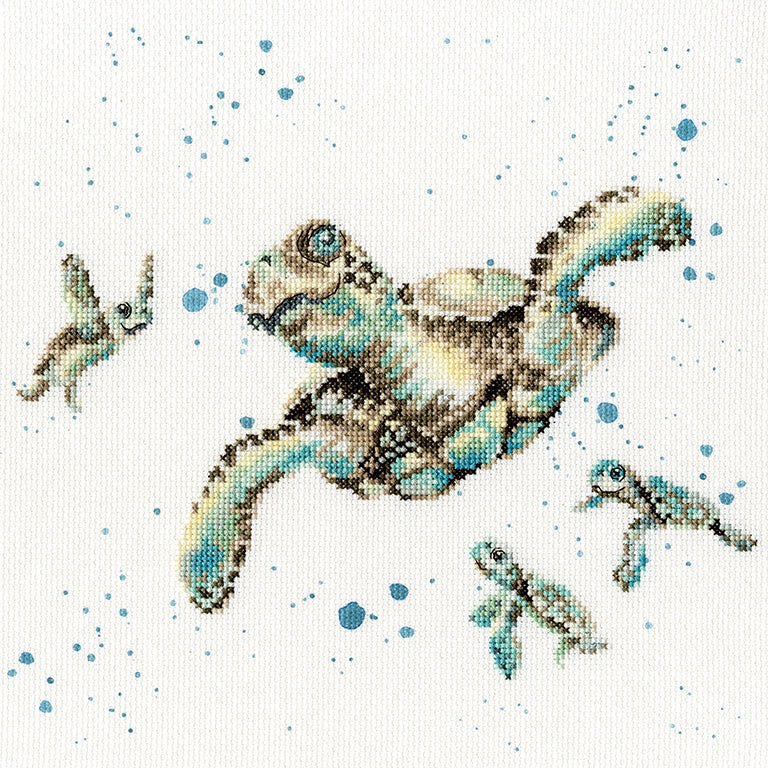 Swimming School Cross Stitch Kit featuring sea turtles and bubbles on Aida fabric