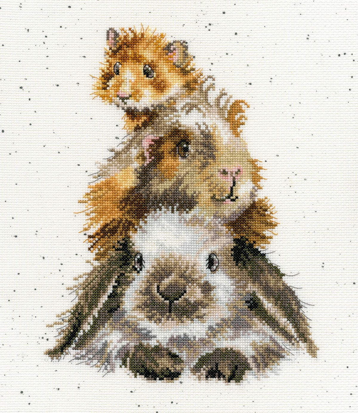 Bothy Threads Piggy in the Middle cross stitch kit featuring rabbit, guinea pig, and hamster on speckled 14 count Aida fabric