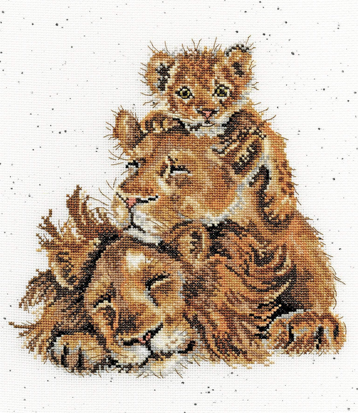 Family Pride Cross Stitch Kit featuring a stitched lion family with a lion and cub on white speckled Aida fabric