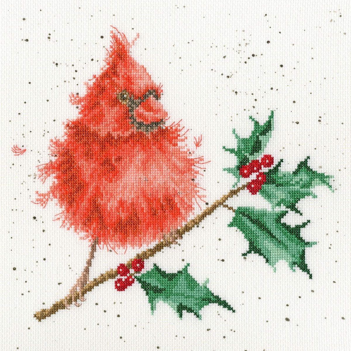Festive Feathers Cross Stitch Kit cardinal bird on holly branch embroidery design
