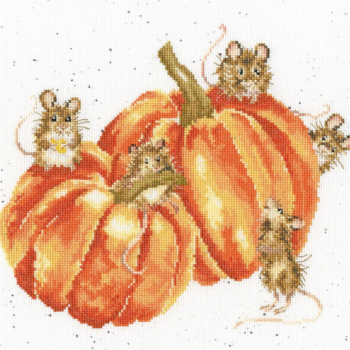 Pumpkin Spice cross stitch kit featuring five mice and pumpkins on speckled Aida fabric