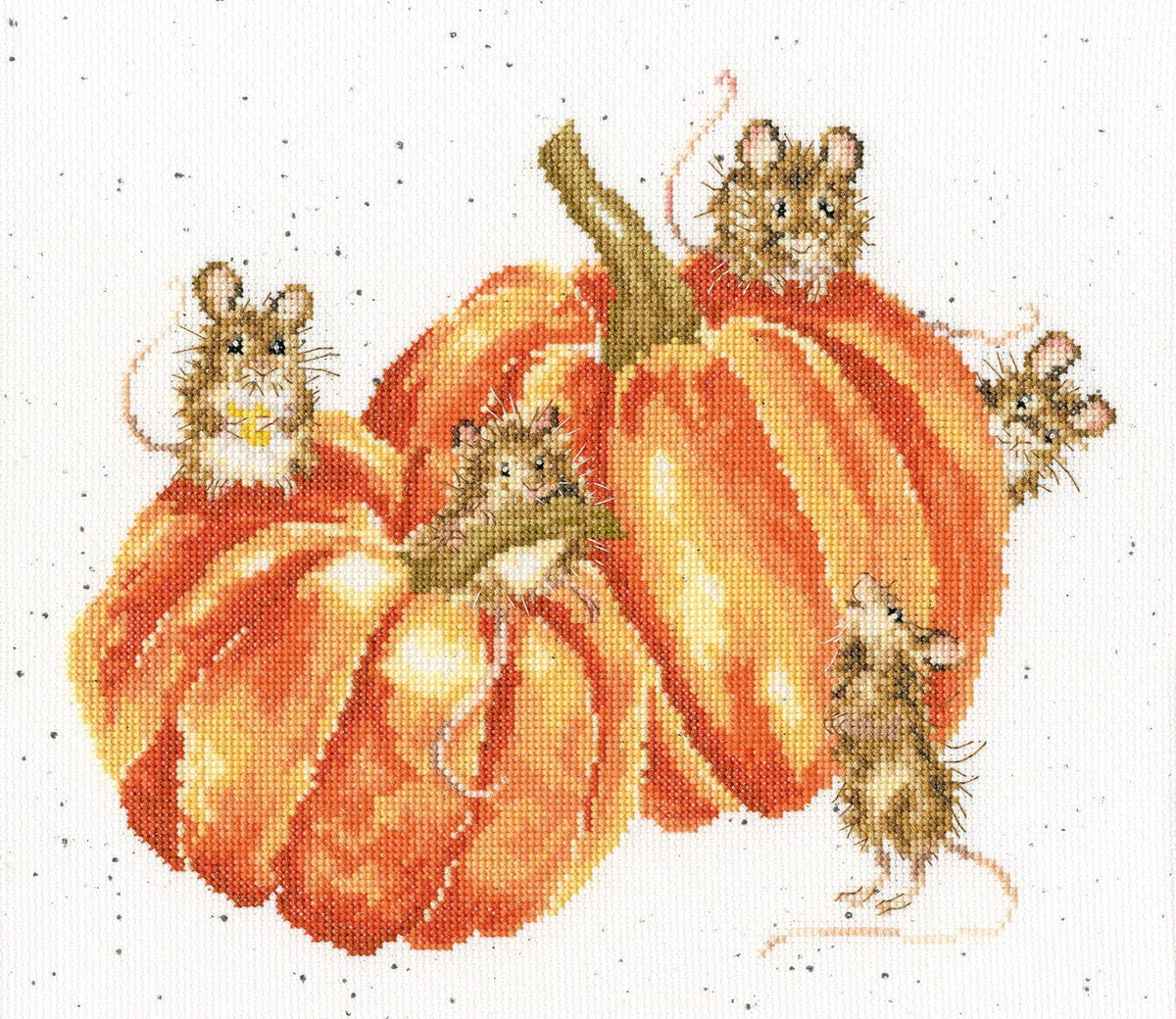 Pumpkin Spice cross stitch kit featuring five mice and pumpkins on speckled Aida fabric