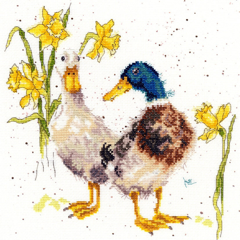 Ducks and Daffs Cross Stitch Kit featuring Mr and Mrs Duck with yellow daffodils on 14 count Aida fabric