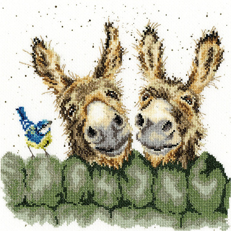 Hee Haw Cross Stitch Kit featuring two donkeys and a blue tit on speckled Aida fabric