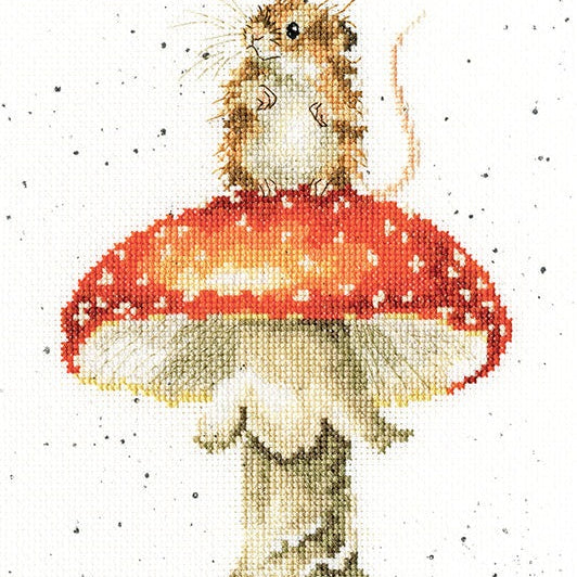 He's A Fun-Gi cross stitch design featuring a mouse sitting on a red and white mushroom