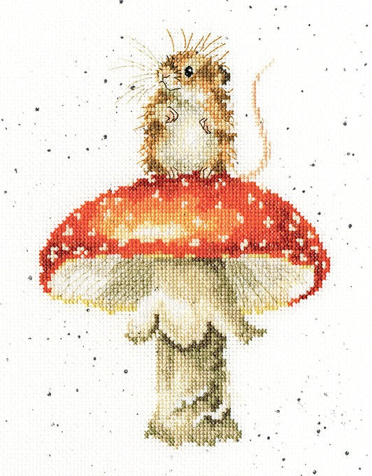 He's A Fun-Gi cross stitch design featuring a mouse sitting on a red and white mushroom