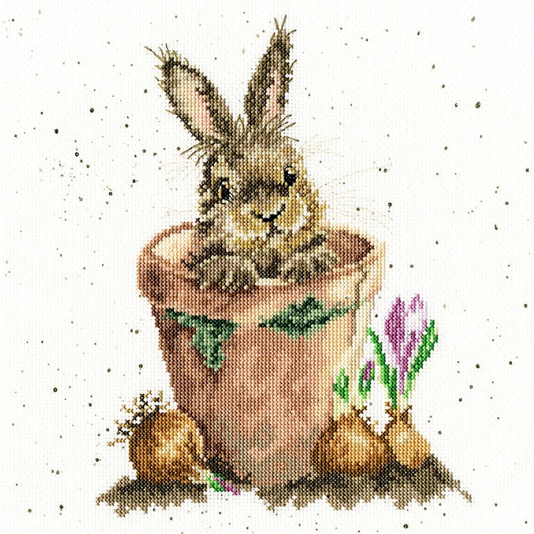 Cross stitch kit featuring a bunny rabbit in a terracotta flower pot design