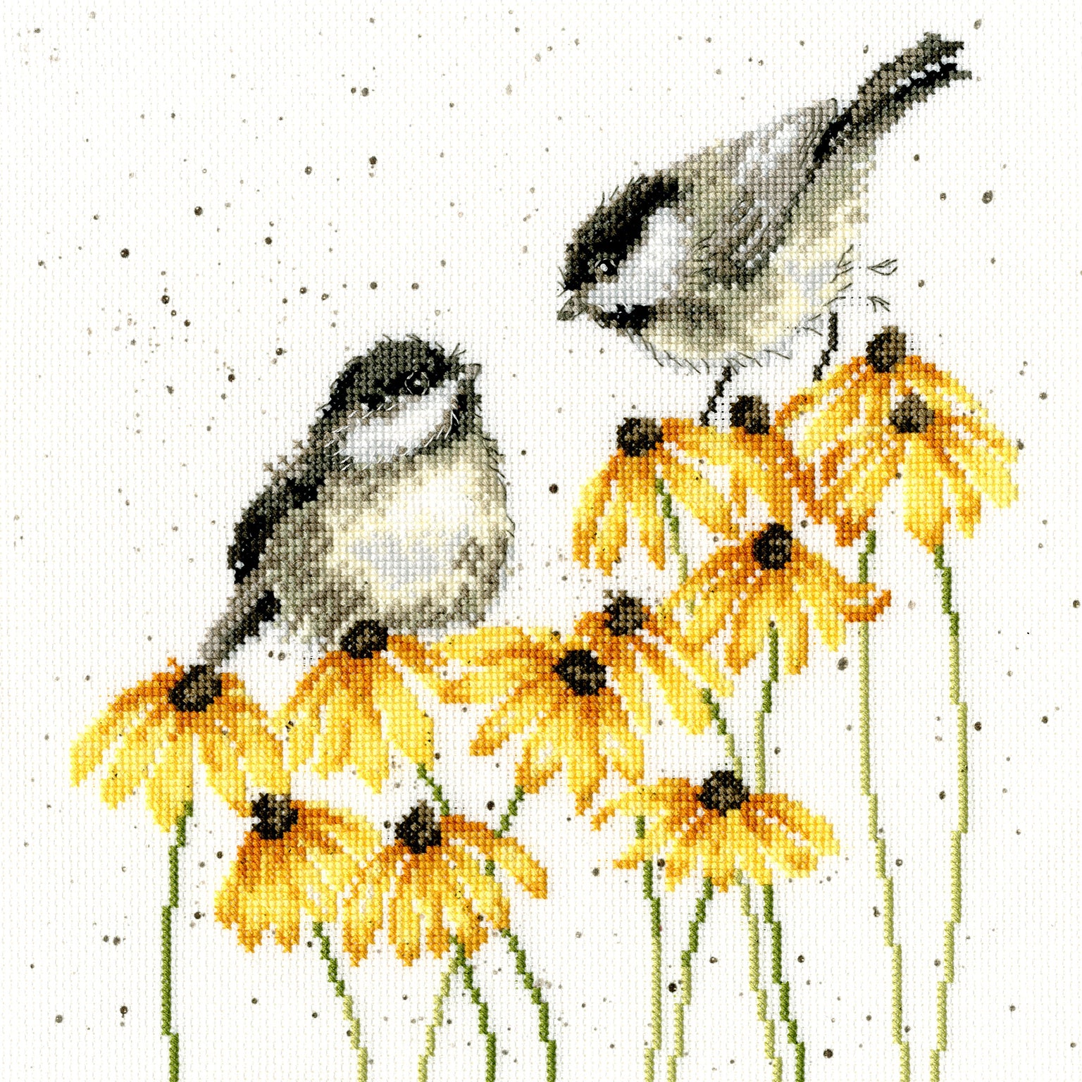 Chitter Chatter Cross Stitch Kit featuring two chickadee birds on yellow flowers with speckled background on Aida fabric