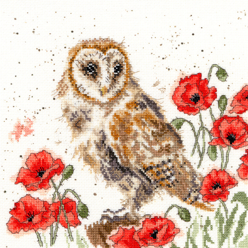 Barn owl and red poppies cross stitch design from The Lookout cross stitch kit by Bothy Threads