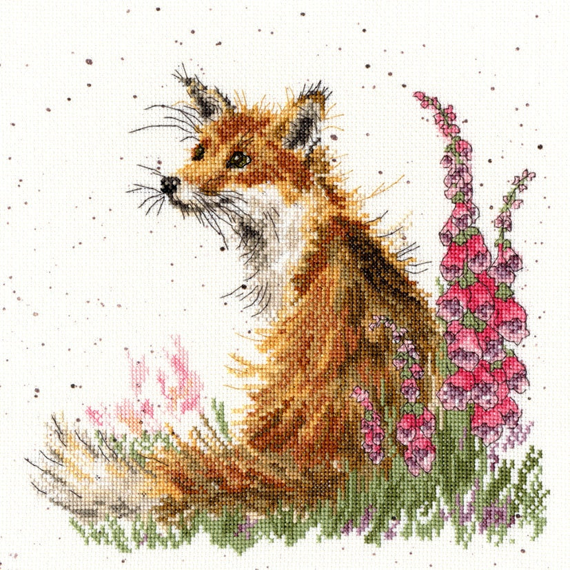 Cross stitch fox sitting beside pink foxglove flowers from Amongst the Foxgloves Gift Set