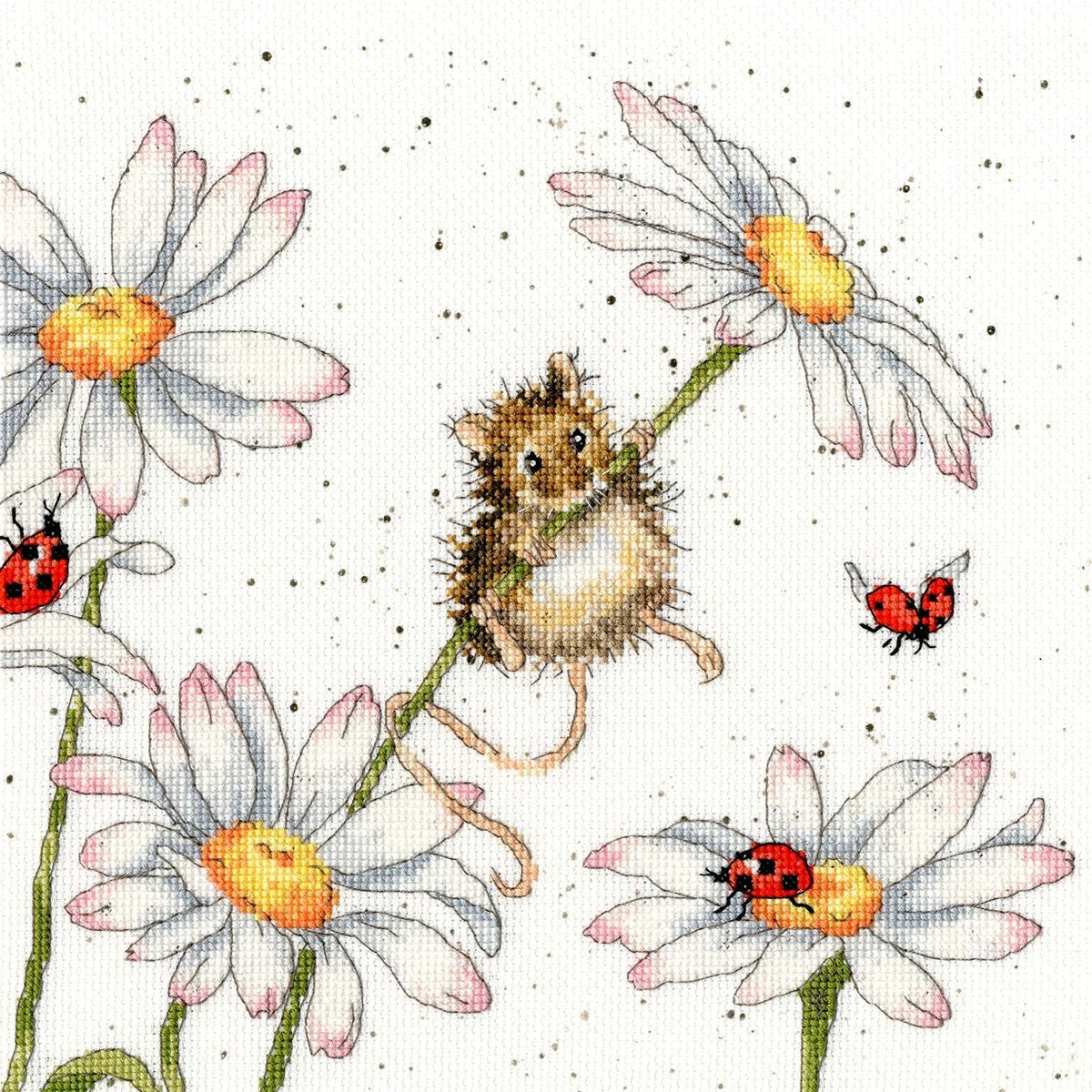 Close-up of Daisy Mouse Cross Stitch Kit showing a cute mouse holding a daisy among daisies with ladybugs on white Aida fabric