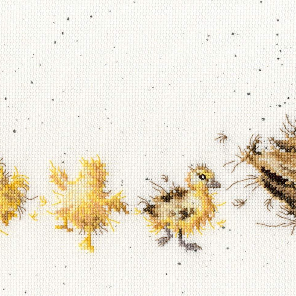 Mother duck and four ducklings cross stitch design on 14 count Aida fabric from Mother Duck Cross Stitch Kit by Bothy Threads