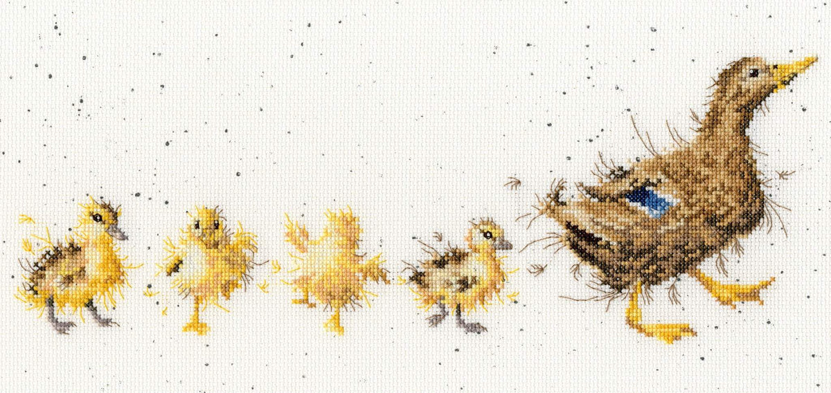 Mother duck and four ducklings cross stitch design on 14 count Aida fabric from Mother Duck Cross Stitch Kit by Bothy Threads