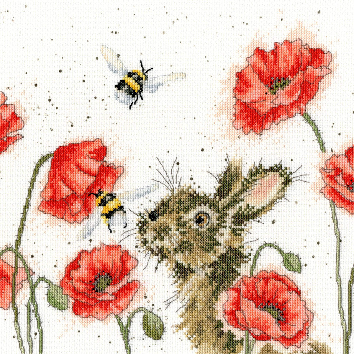 Let it Bee Cross Stitch Kit featuring a rabbit, bees, and red poppies on speckled Aida fabric