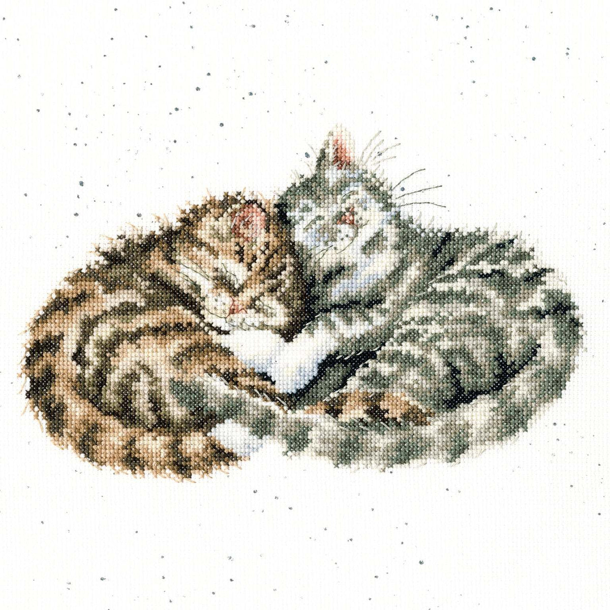 Sweet Dreams Cross Stitch Kit featuring two sleeping cats cuddling on speckled Aida fabric