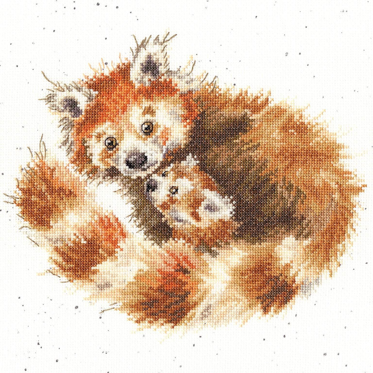 Tree Hugger Cross Stitch Kit featuring a detailed red panda and baby on 14 count Aida fabric by Bothy Threads