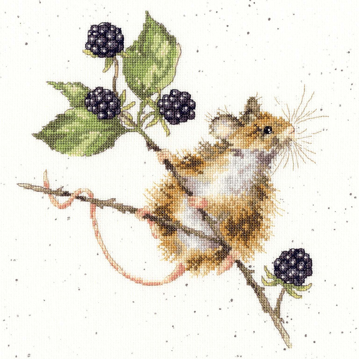 Brambles cross stitch kit design featuring a mouse on a branch with blackberries on speckled 14 count Aida fabric