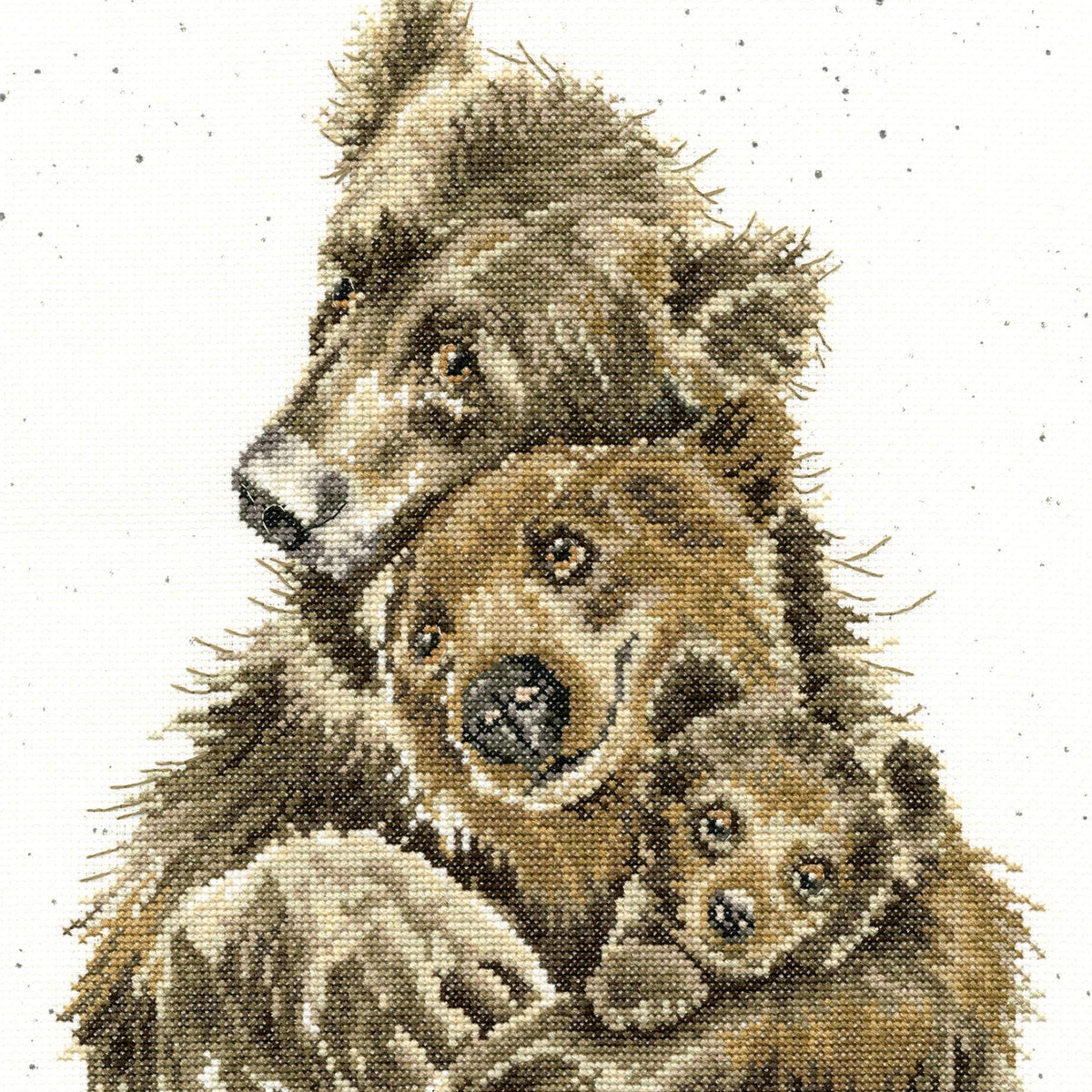 Bear Hugs Cross Stitch kit featuring a mother bear hugging two cubs on 14 count Aida fabric by Bothy Threads.