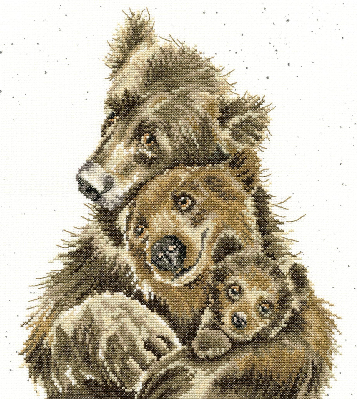 Bear Hugs Cross Stitch kit featuring a mother bear hugging two cubs on 14 count Aida fabric by Bothy Threads.