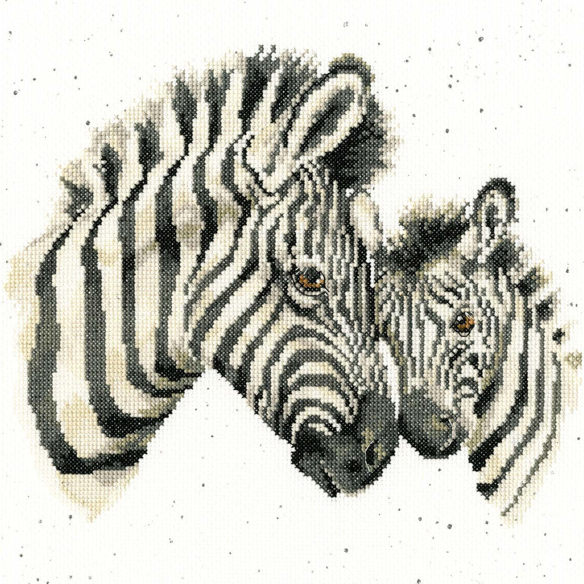 Racing Stripes Cross Stitch Kit featuring zebra heads designed by Hannah Dale with 14 count Aida fabric and cotton threads