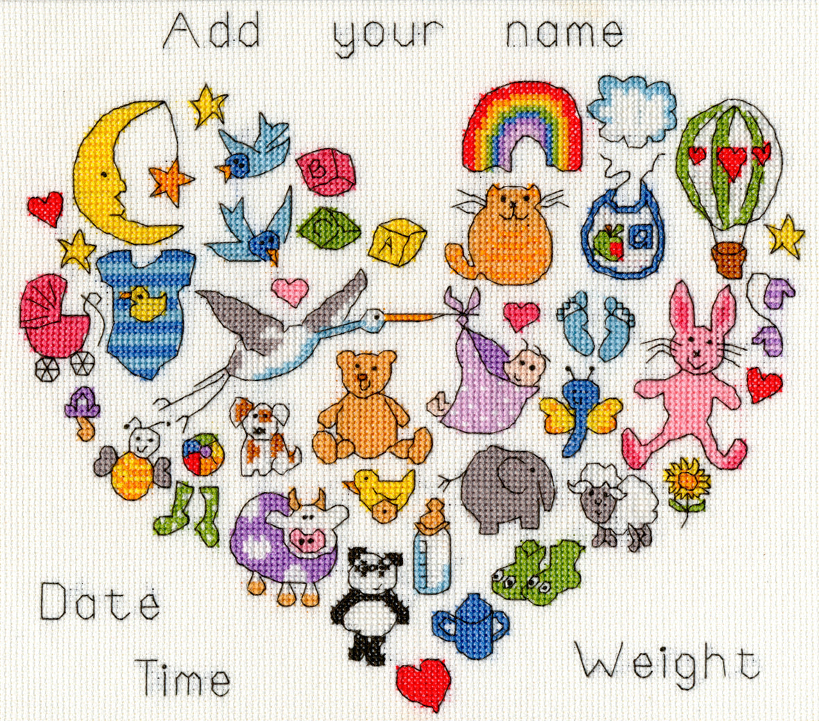 Baby Heart Cross Stitch Kit featuring colorful baby-themed images forming a heart with space for name, date, time, and weight personalization.