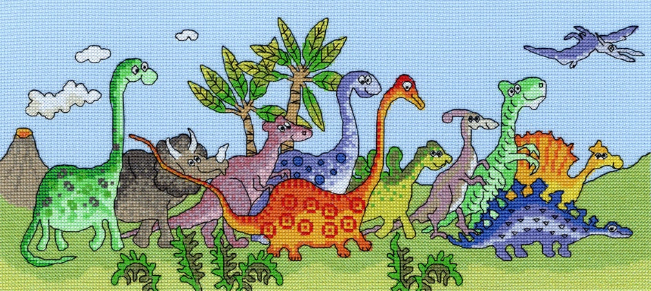Colorful dinosaur-themed counted cross stitch design on blue Aida fabric from Dinosaur Fun Cross Stitch Kit by Bothy Threads