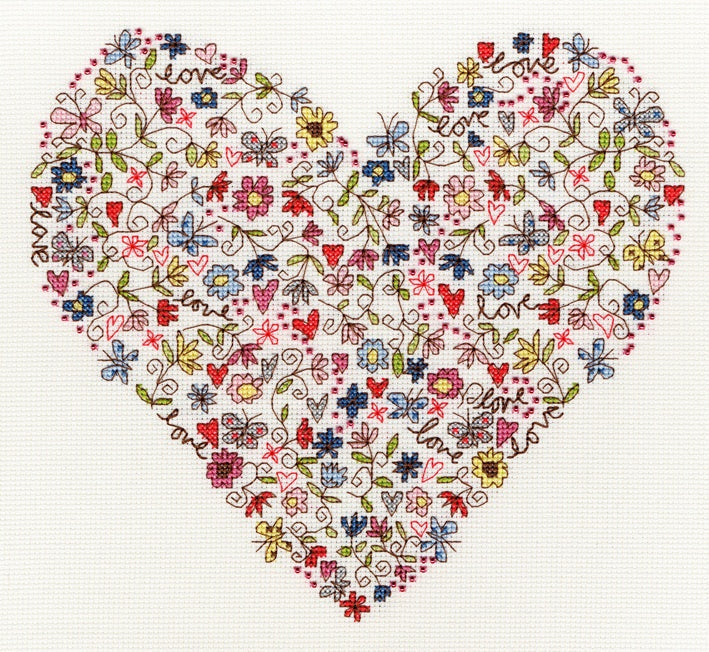 Love heart cross stitch with colorful flowers and hearts on white 14 count Aida fabric
