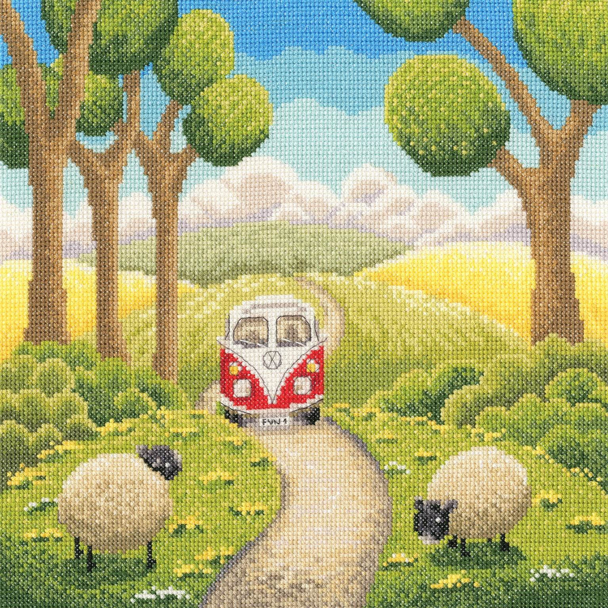 Road Trip Cross Stitch Kit featuring a countryside scene with a red vintage van on a winding path and sheep grazing under trees