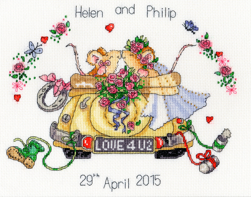 Just Married Cross Stitch Kit featuring two mice in a wedding car with floral decorations, can be personalised