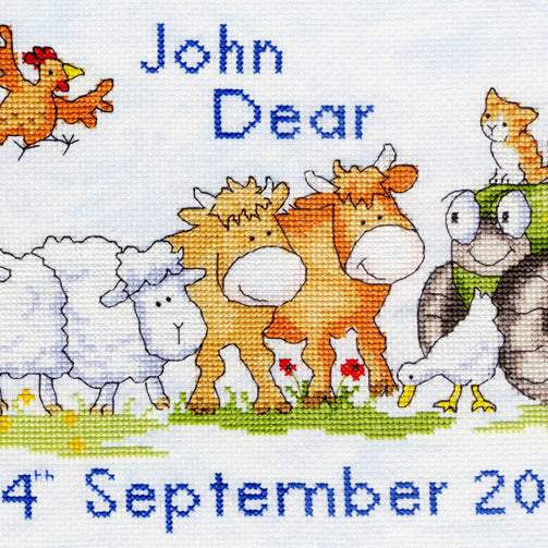 First Born (Farm) cross stitch kit with personalized birth record featuring farm animals and tractor design