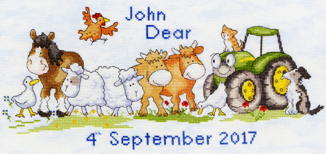 First Born (Farm) cross stitch kit with personalized birth record featuring farm animals and tractor design