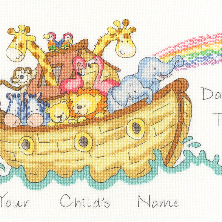 Baby Ark Sampler cross stitch kit with Noah's Ark and animals for birth record personalization