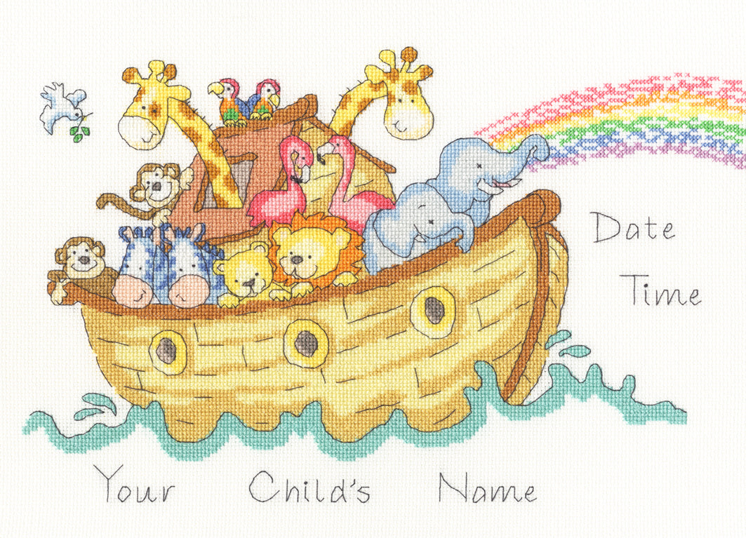 Baby Ark Sampler cross stitch kit with Noah's Ark and animals for birth record personalization