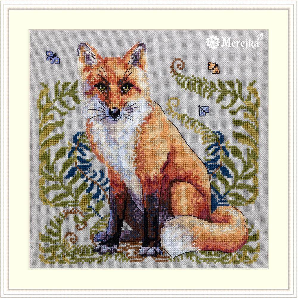 The Fox cross stitch kit featuring a detailed fox with fern leaves and butterflies on 16 count Aida fabric