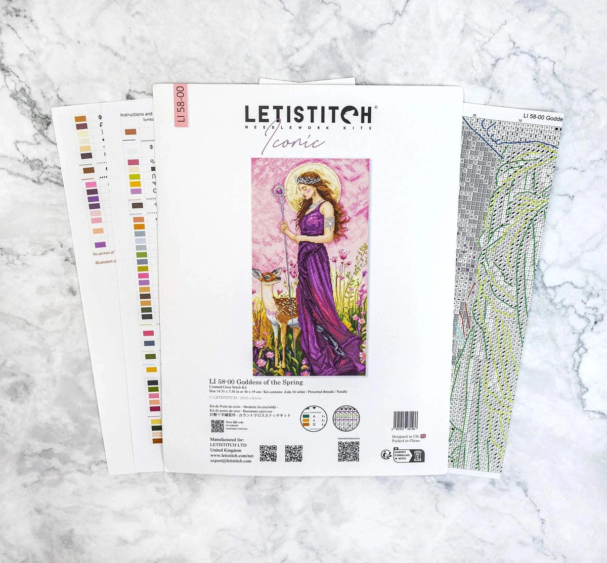 Goddess of the Spring cross stitch kit with 16 count white aida and cotton threads