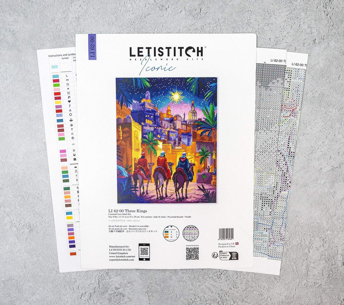 Three Kings Cross Stitch Kit with 16 count Zweigart aida and pre-sorted cottons