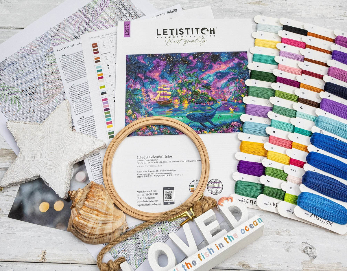 Celestial Isles Cross Stitch Kit with 16 count white Aida fabric and pre-sorted cotton threads