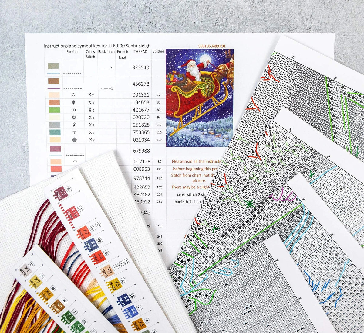 Santa Sleigh Cross Stitch Kit with 16 count Zweigart aida and instructions