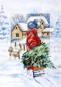 Christmas Tree on a Sledge Christmas Card Cross Stitch Kit